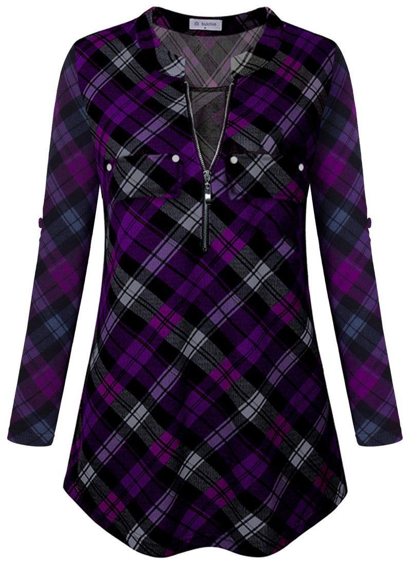 Bulotus Womens Tunics 3/4 Sleeve Plaid Shirts Plus Size Tunic, Black Purple Plaid, X-Large - Image 2